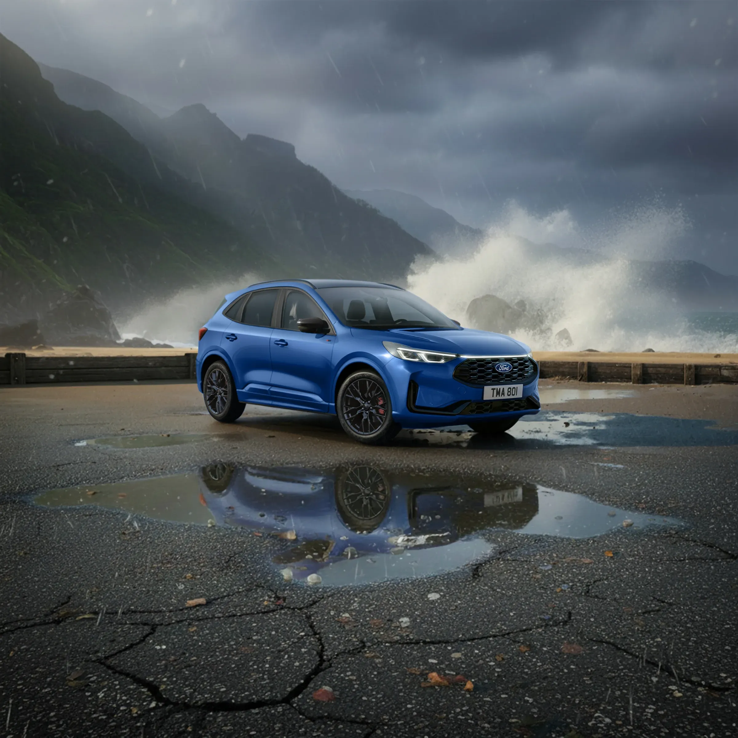 Blauer Ford Kuga auf nassem Asphalt an einer stürmischen Küste